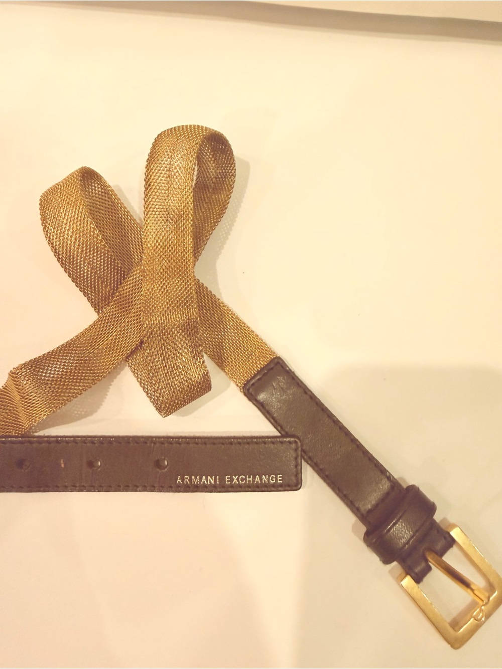 Armani Exchange Gold Metal Mesh Black Leather Belt